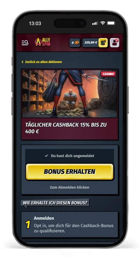Cashback Bonus bei AllySpin