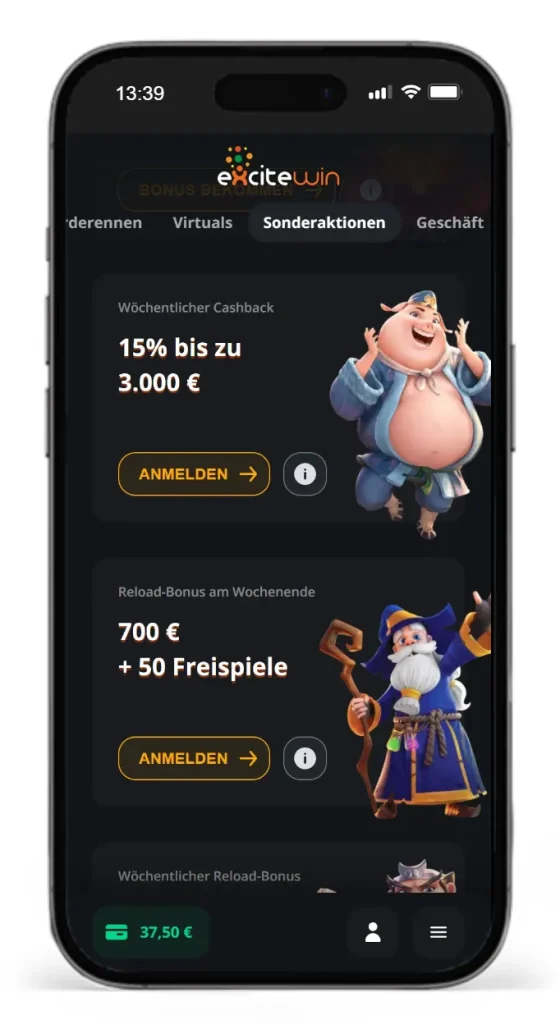 Cashback und Reload Bonus im ExciteWin Online Casino