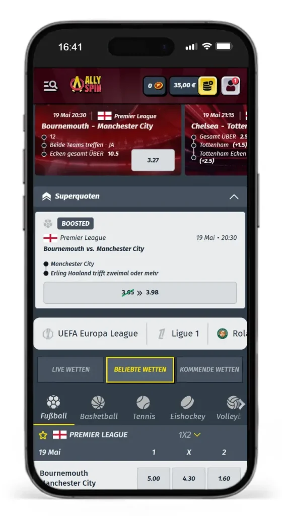 Auszug der Sportwetten Auswahl bei AllySpin