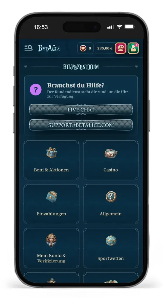 Hilfezentrum im BetAlice Online Casino