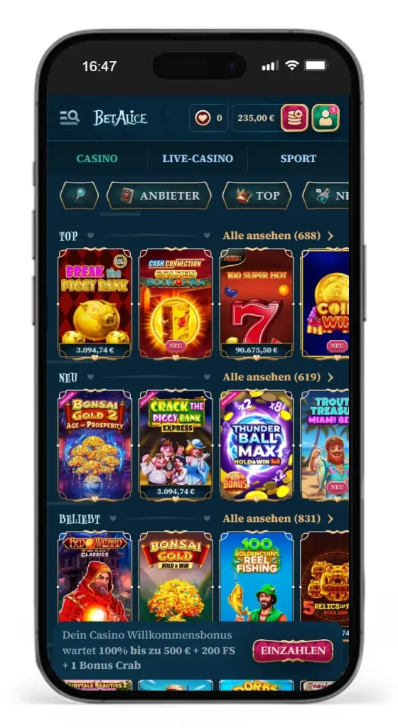 Slotauswahl im BetAlice Online Casino