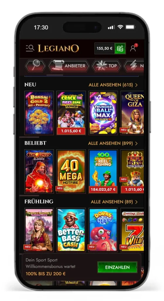Slotauswahl im Legiano Online Casino
