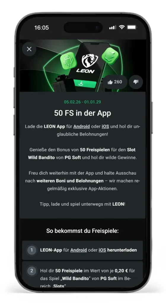50 FS bei Registrierung in der Leon App