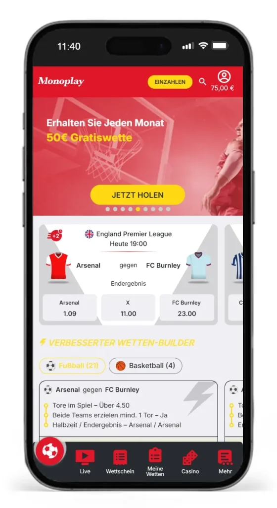 Sportwettenbereich bei Monoplay