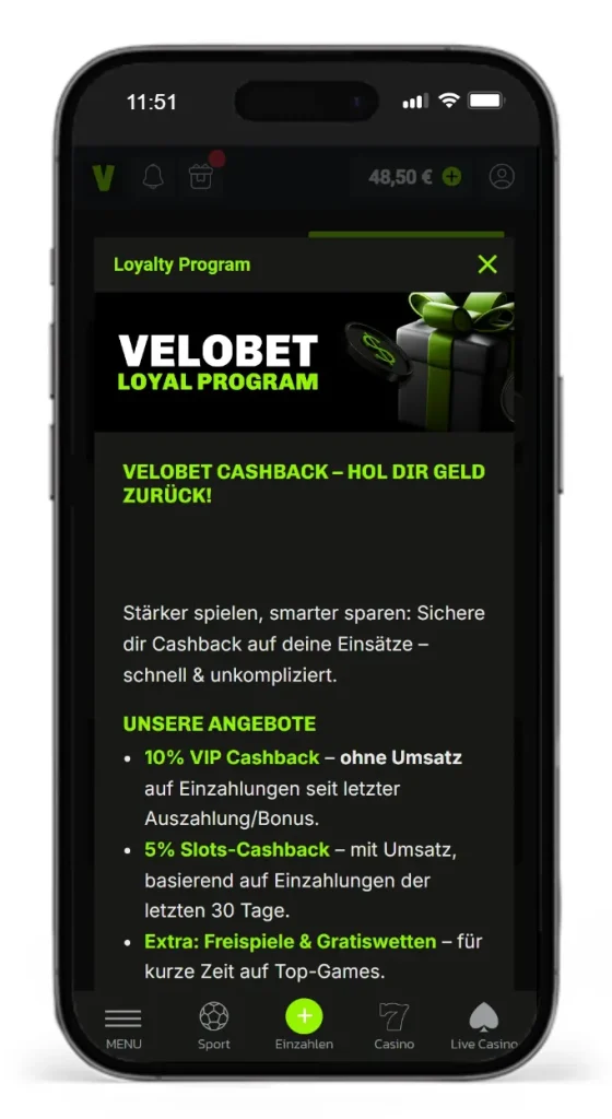 Cashback im Velobet Treueprogramm