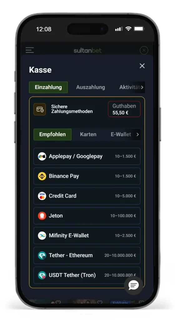 Auswahl der Zahlungsmethoden bei Sultanbet