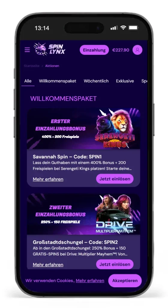 Willkommensbonus im SpinLynx Online Casino