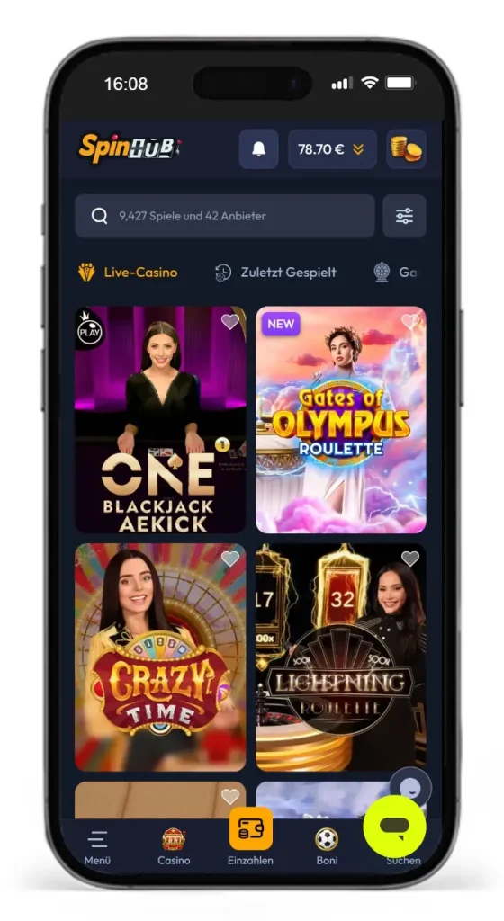 Einblick ins Spinhub Live Casino