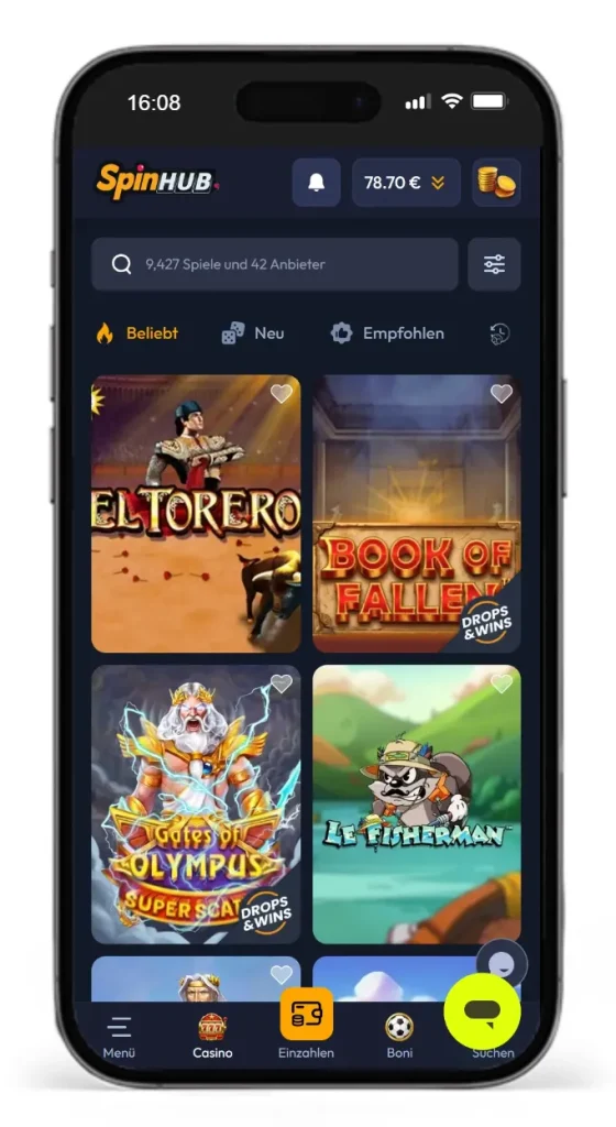 Slotauswahl im Spinhub Online Casino