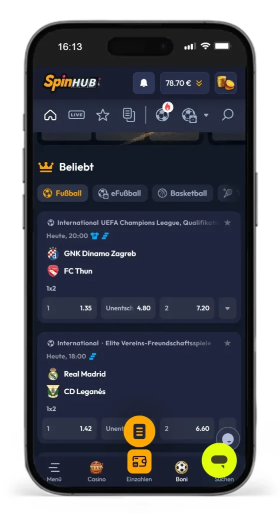 Auszug vom Sportwetten Bereich bei Spinhub
