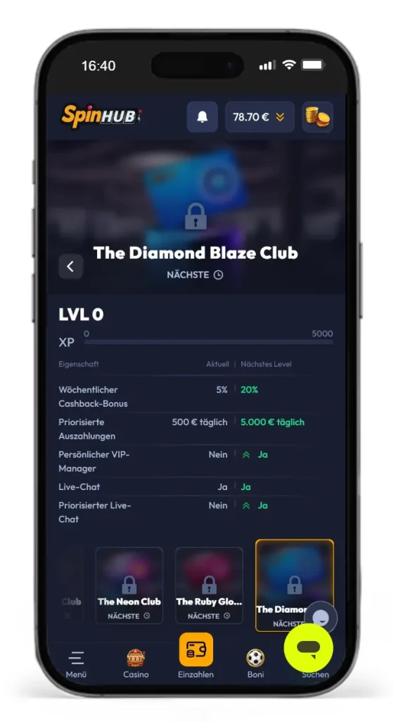 Diamond Stufe im Spinhub VIP-Programm