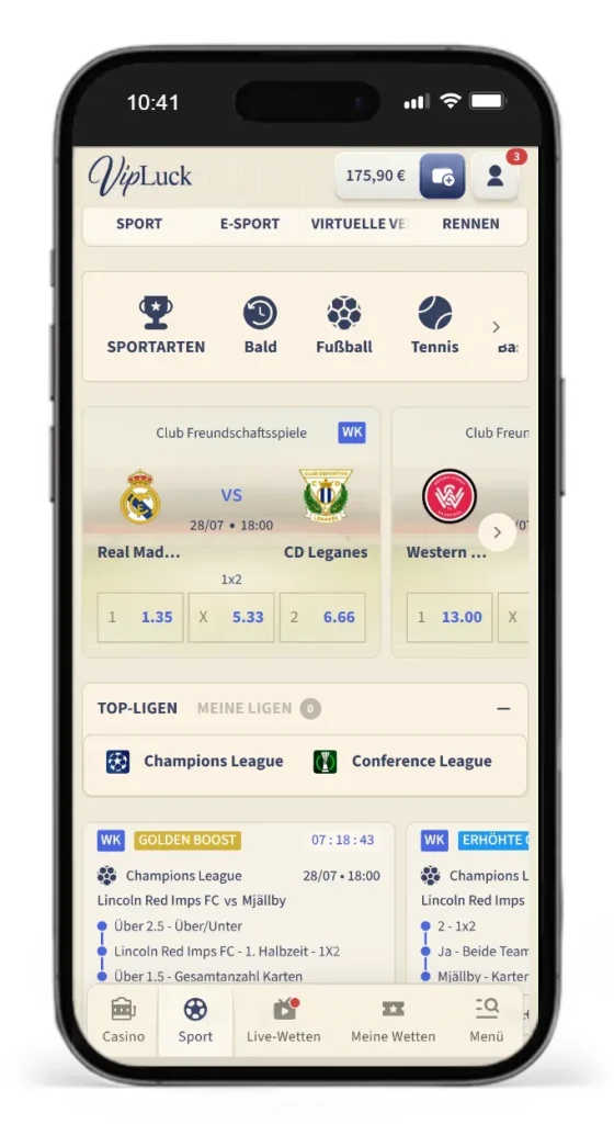 Sportwetten Bereich bei VIP Luck